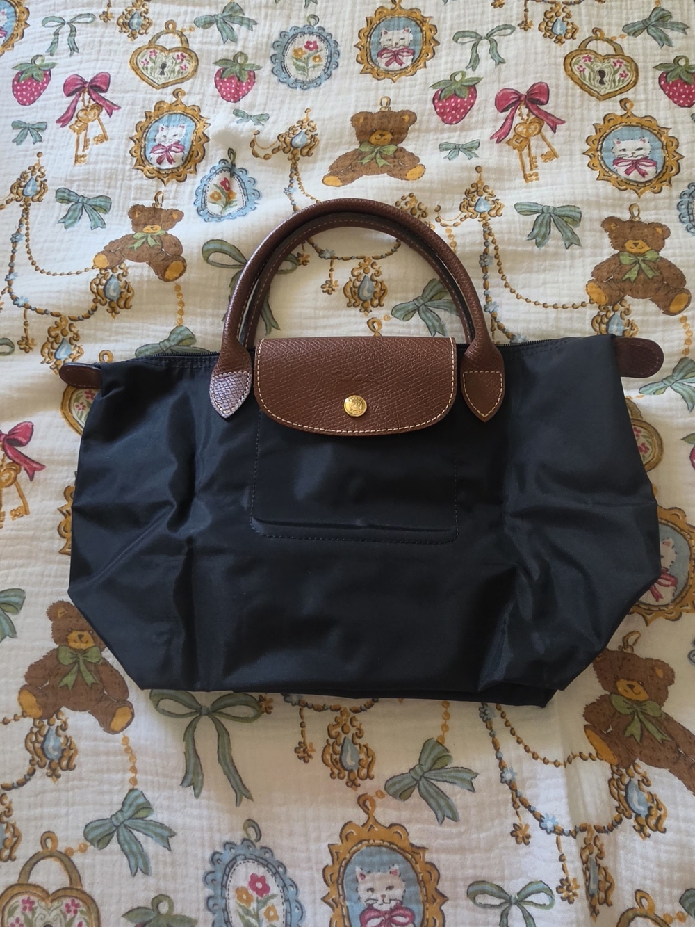 Longchamp Le Pliage Small Nylon Tote in Black with Brown Trim